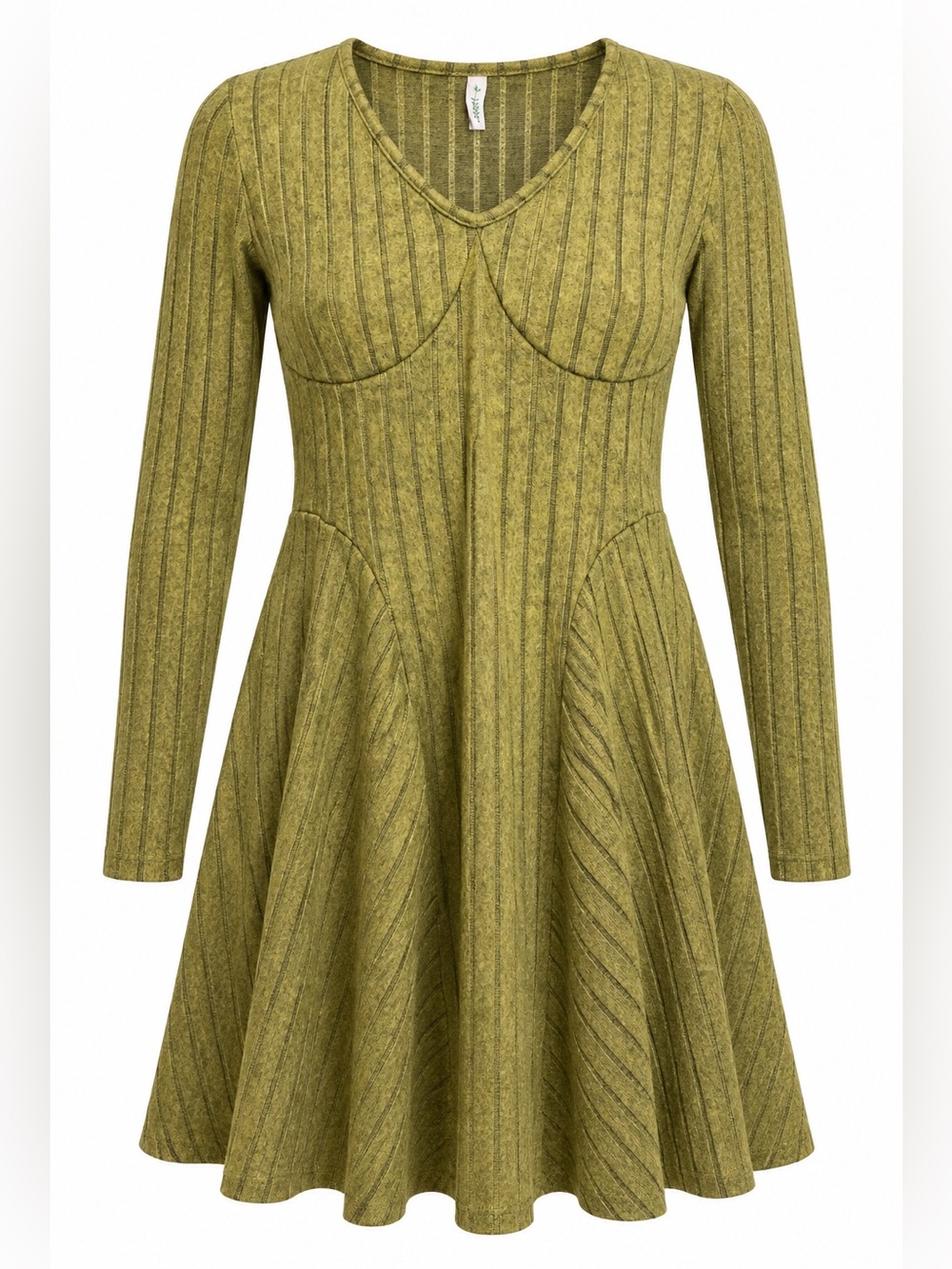 Halara Ribbed Knit V Neck Long Sleeve Flare Casual Dress Moss Green Small